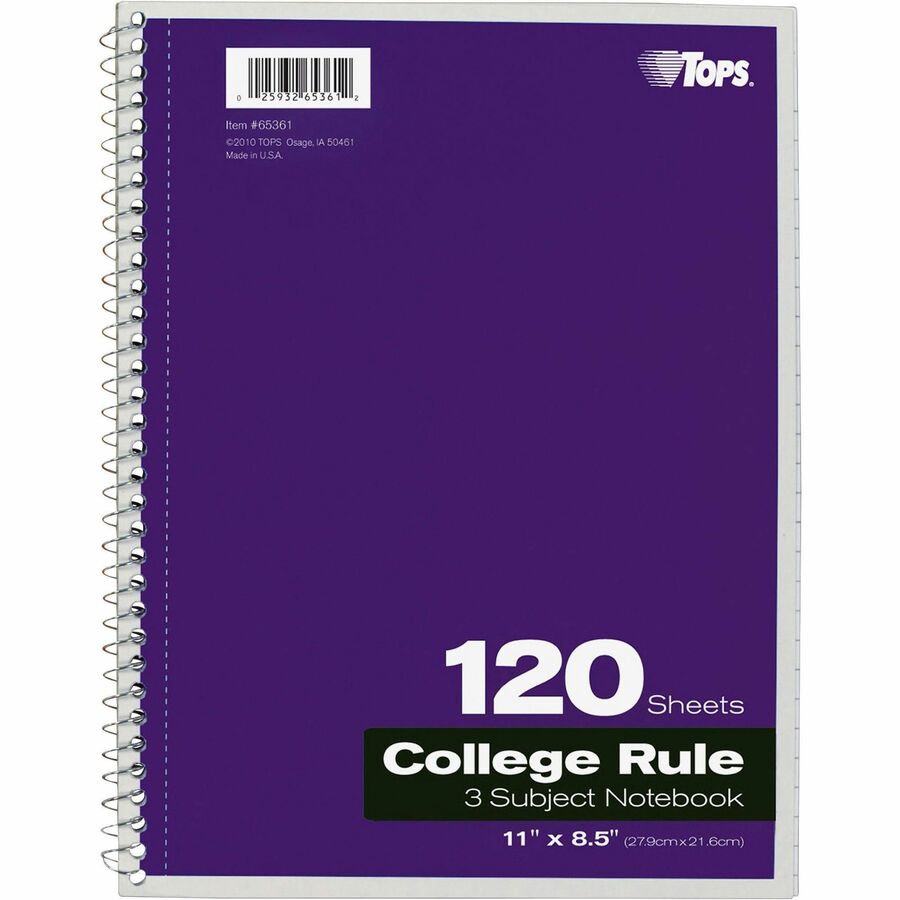 TOPS 3 - subject College Ruled Notebook - Letter - 120 Sheets - Wire Bound - Letter - 8 1/2" x 11" - 0.25" x 8.5" x 11" - Assorted Paper - Black, Red, Blue, Green, Purple Cover - Divider, Perforated - 1 Each