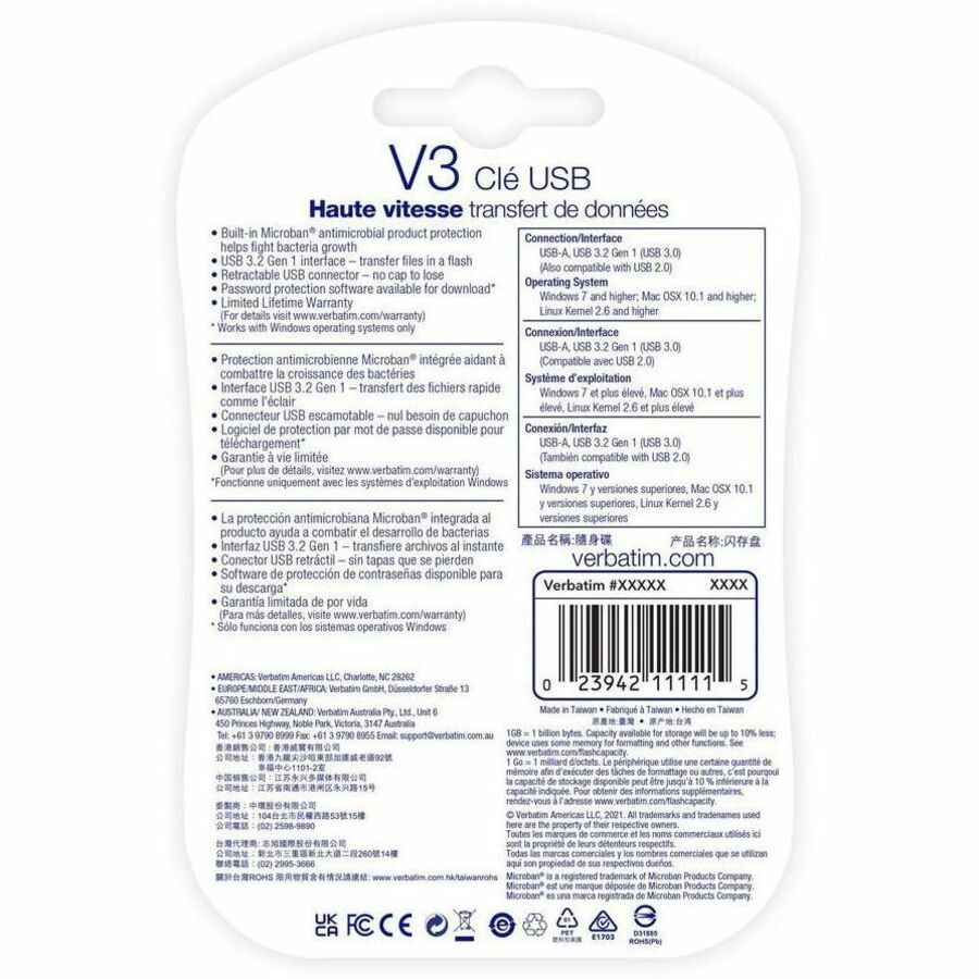 Microban Store 'n' Go V3 USB Drive - 32 GB - USB 3.2 (Gen 1) Type A - Gray, Black - Lifetime Warranty - 1 Each = VER49173