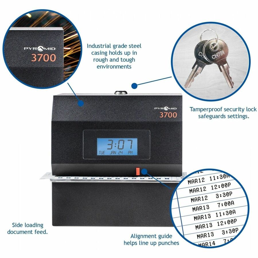 Pyramid Time Systems 3700 Heavy-duty Electric Time Clock - Card Punch/StampUnlimited Employees - Digital - Date, Time, Year Record Time - Time Clocks & Recorders - PTI3700