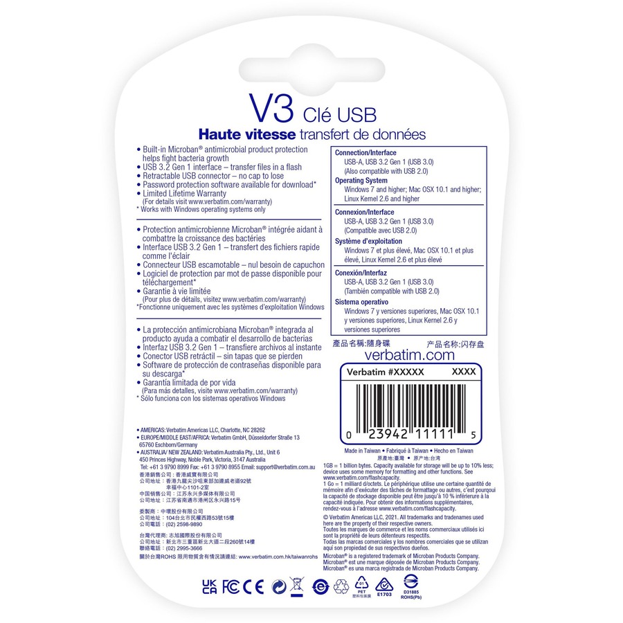 Microban Store 'n' Go V3 USB Drive - 64 GB - USB 3.2 (Gen 1) Type A - 80 MB/s Read Speed - 25 MB/s Write Speed - Black, Gray - Lifetime Warranty - 1 Each = VER49174