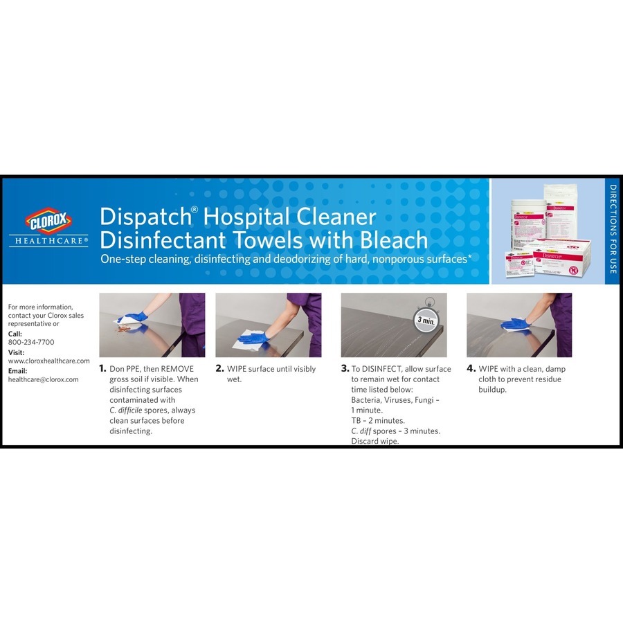 Dispatch Hospital Cleaner Disinfectant Towels with Bleach - Ready-To-Use - White - 60/Pack - 12 / Carton