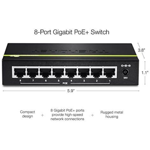 TRENDnet 8-Port Gigabit PoE+ Switch, 8 x Gigabit PoE+ Ports, 123W PoE Power Budget, 16 Gbps Switching Capacity, Desktop Switch, Ethernet Network Switch, Metal, Lifetime Protection, Black, TPE-TG80G