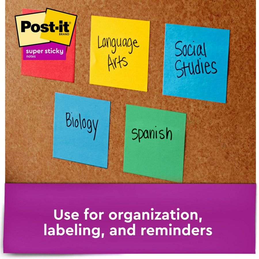 Post-it® Super Sticky Notes Cabinet Pack - Playful Primaries Color Collection - 1680 x Electric Glow Assorted - 3" x 3" - Square - 70 Sheets per Pad - Unruled - Candy Apple Red, Sunnyside, Lucky Green, Blue Paradise - Paper - Self-adhesive, Reposition