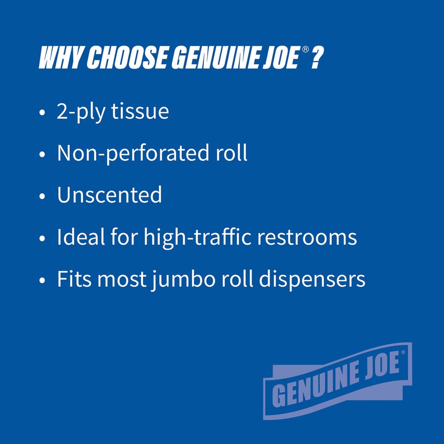 Genuine Joe 2-ply Jumbo Roll Dispenser Bath Tissue - 2 Ply - 3.3" x 650 ft - White - Nonperforated, Unscented - For Restroom - 12 / Carton = GJO2565012
