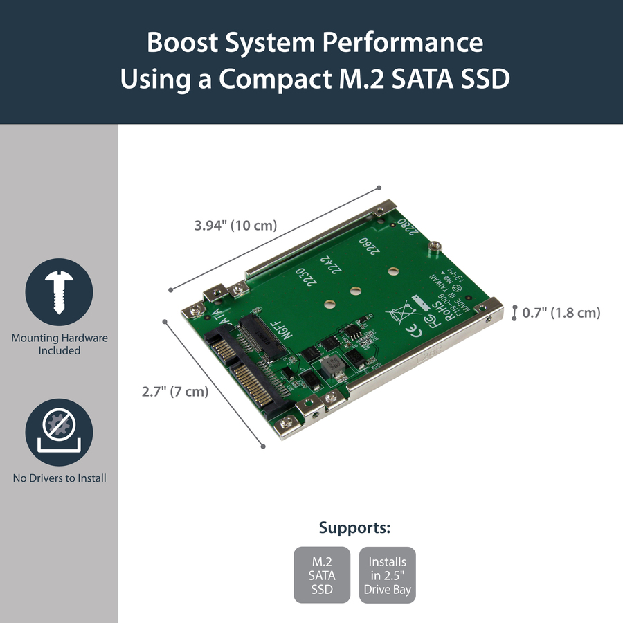 StarTech M.2 SATA SSD to 2.5in SATA Adapter, Open-Frame Bracket Converter, 7mm High, M2 Drive Adapter, Not Compatible with NVMe, TAA