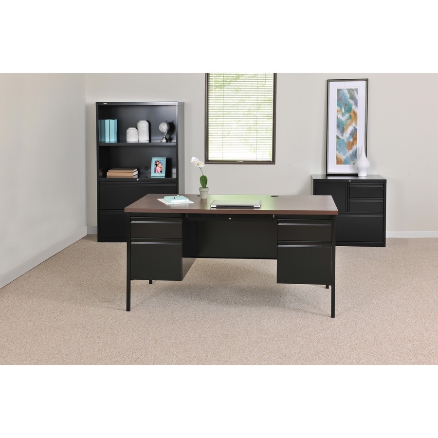 Lorell Fortress Series Double-Pedestal Desk - Rectangle Top - 60" Table Top Width x 30" Table Top Depth x 1.1" Table Top Thickness - 29.5" Height - Assembly Required - Black Walnut, Laminated, Walnut - Steel = LLR60927