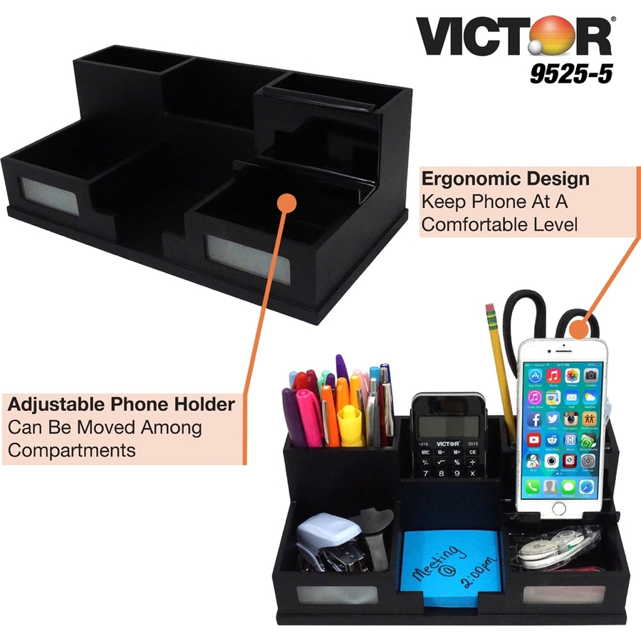 Victor 9525-5 Midnight Black Desk Organizer with Smart Phone Holder™ - 6 Compartment(s) - 4.0" Height x 5.5" Width x 10.4" Depth - Black - Frosted Glass, Wood, Rubber - 1Each