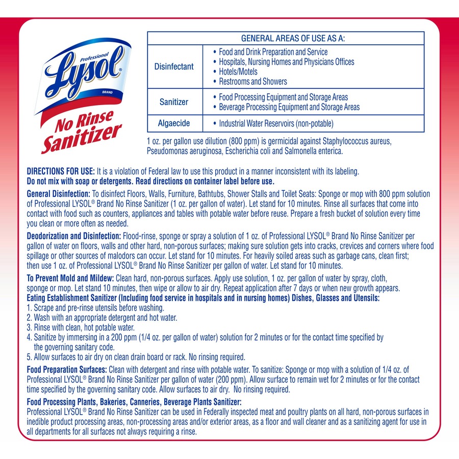 Professional Lysol No Rinse Sanitizer - Concentrate - 128 fl oz (4 quart) - 1 Each - Disinfectant, Anti-bacterial