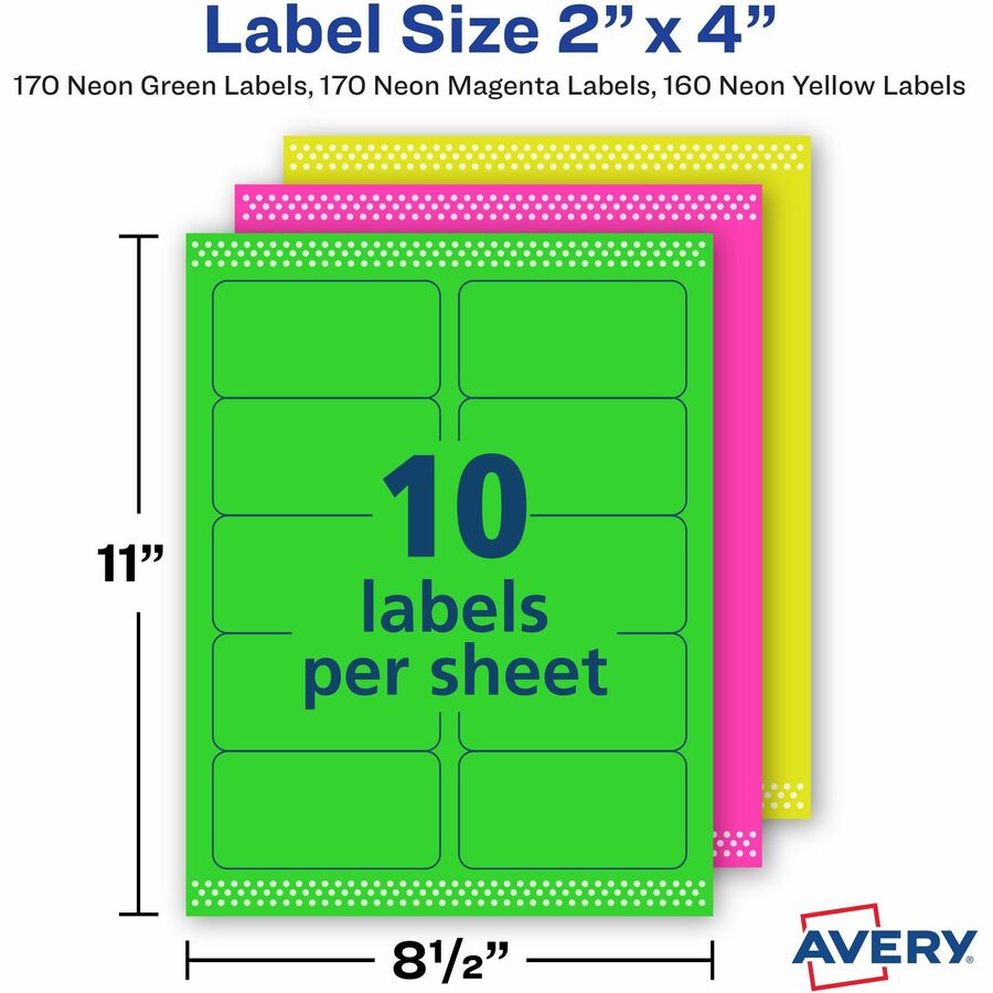 Avery® 2"x 4" Neon Shipping Labels with Sure Feed, 500 Labels (5956) - 2" Width x 4" Length - Permanent Adhesive - Rectangle - Laser - Neon Magenta, Neon Green, Neon Yellow - Paper - 10 / Sheet - 50 Total Sheets - 500 Total Label(s) - 500 / Box - Perm