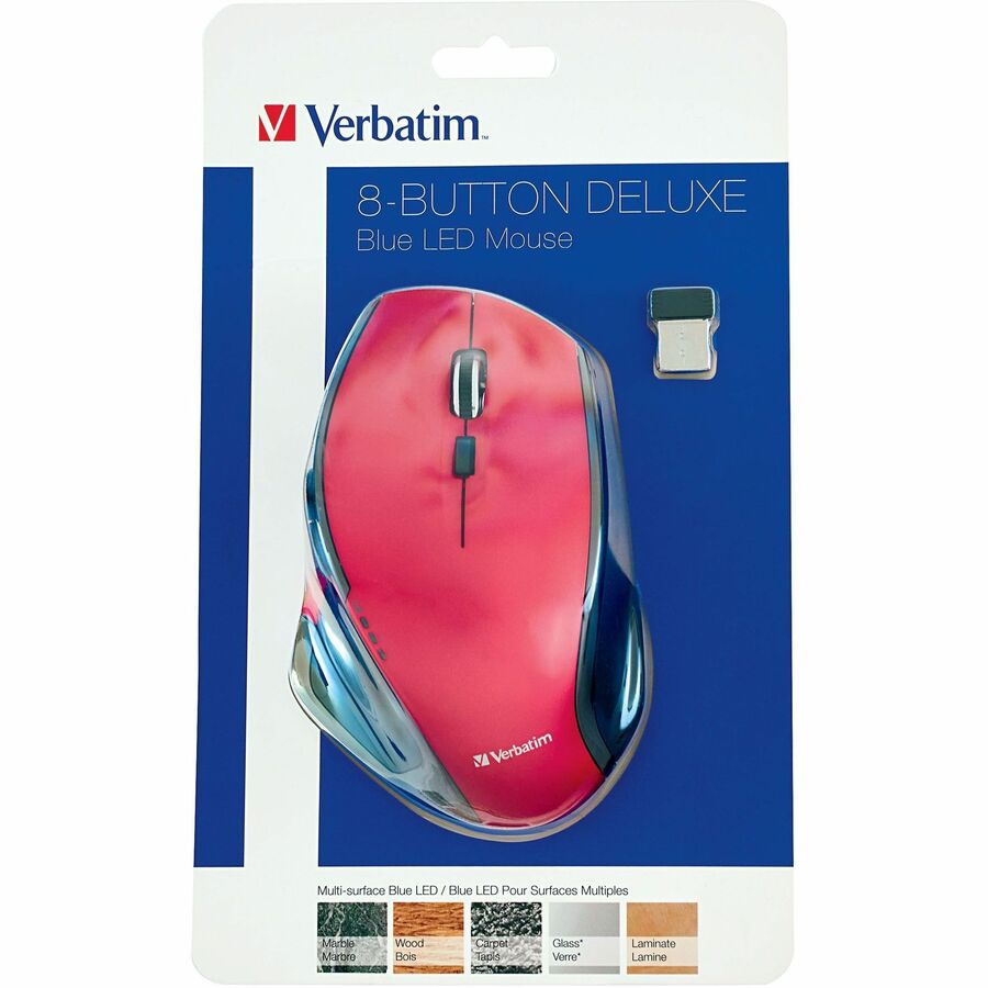 Verbatim Wireless Desktop 8-Button Deluxe Blue LED Mouse - Red - Blue LED/Optical - Wireless - Radio Frequency - Red - 1 Pack - USB 1.1 - 1600 dpi - Scroll Wheel - 8 Button(s)