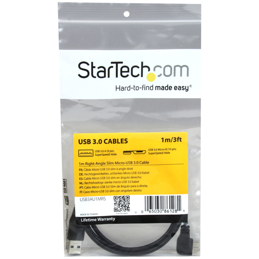StarTech 1m 3 ft Slim Micro USB 3.0 (5Gbps) Cable - M/M - USB 3.0 A to Right-Angle Micro USB - USB 3.2 Gen 1