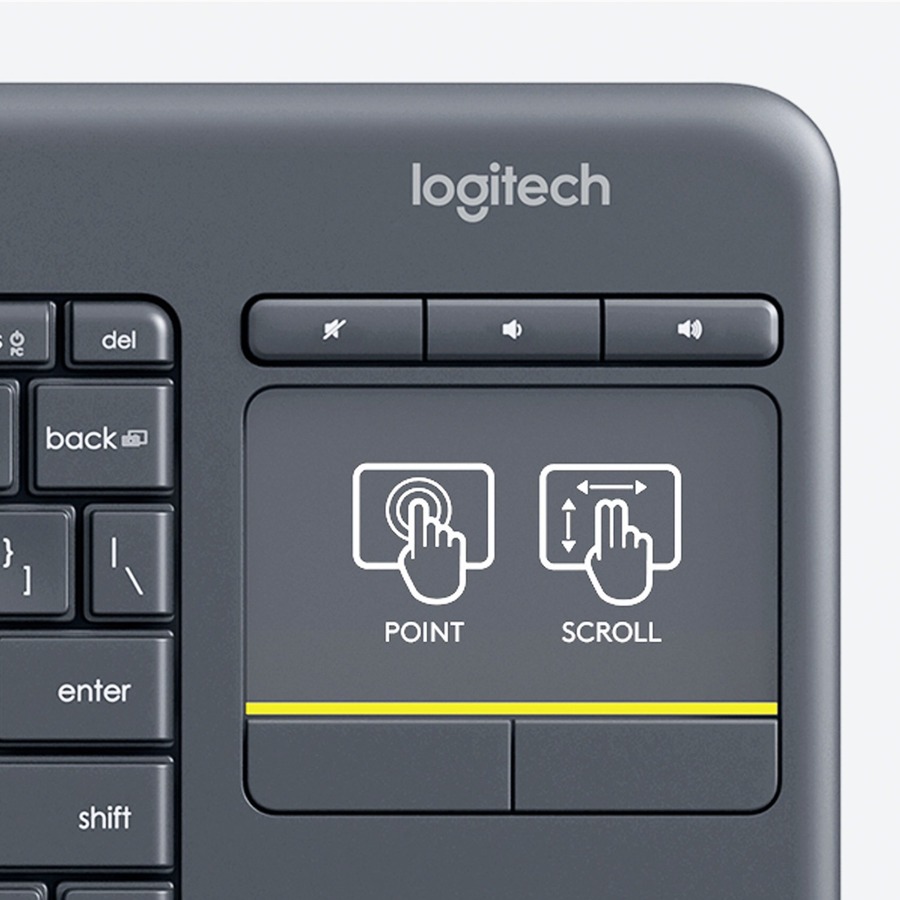 Logitech K400 Plus Touchpad Wireless Keyboard - Wireless Connectivity - USB Interface Mute, Volume Up, Volume Down Hot Key(s) - English, French - QWERTY Layout - Smart TV, Computer - TouchPad - Black - Keyboards - LOG920007119