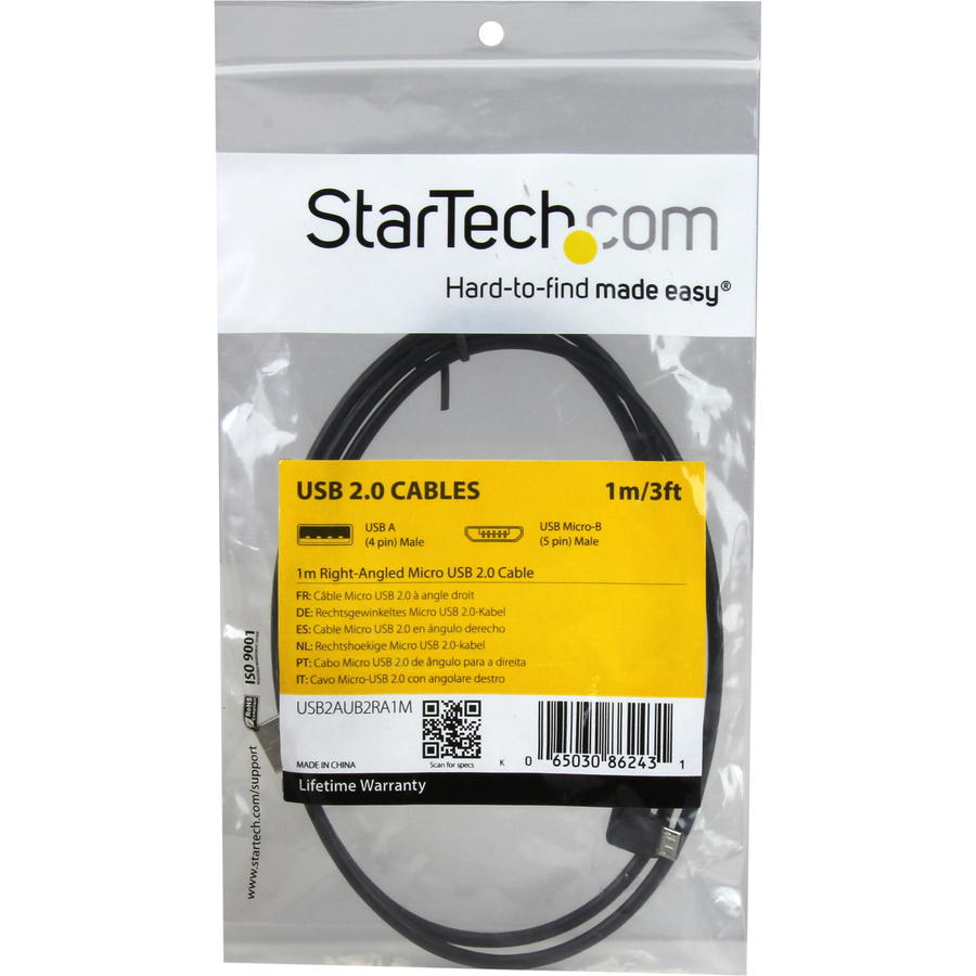 StarTech 1m 3 ft Micro-USB Cable with Right-Angled Connectors - M/M - USB A to Micro B Cable
