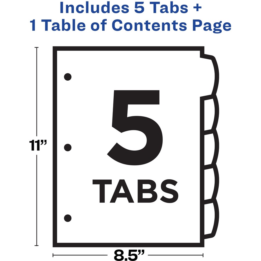 Avery® Ready Index Custom TOC Binder Dividers - 5 x Divider(s) - Table of Contents, 1-5 - 5 Tab(s)/Set - 8.50" Divider Width x 11" Divider Length - 3 Hole Punched - White Paper Divider - Multicolor Paper Tab(s) - 5 / Set - Index Dividers - AVE11840