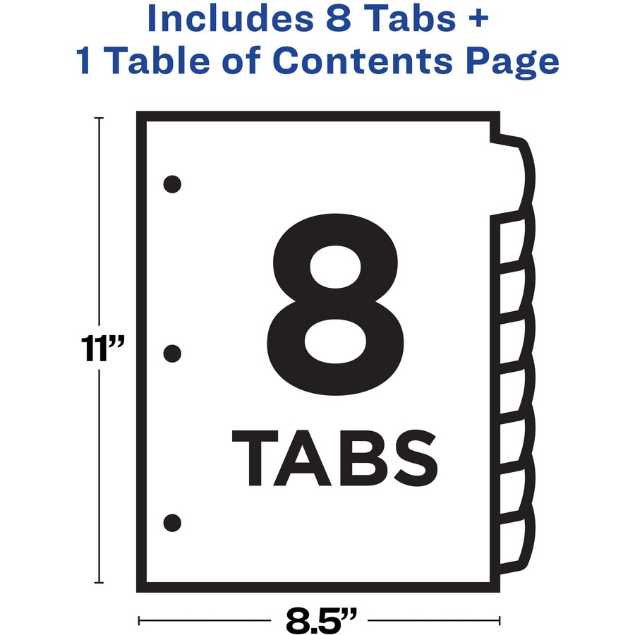 Avery® Ready Index Custom TOC Binder Dividers - 8 x Divider(s) - 1-8, Table of Contents - 8 Tab(s)/Set - 8.50" Divider Width x 11" Divider Length - 3 Hole Punched - White Paper Divider - Multicolor Paper Tab(s) - 8 / Set = AVE11841