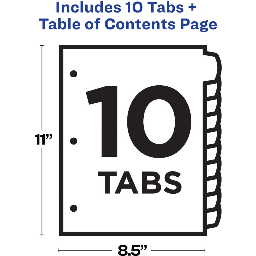 Avery® Ready Index Custom TOC Binder Dividers - 10 x Divider(s) - 1-10, Table of Contents - 10 Tab(s)/Set - 8.50" Divider Width x 11" Divider Length - 3 Hole Punched - White Paper Divider - Multicolor Paper Tab(s) - 10 / Set - Index Dividers - AVE11842