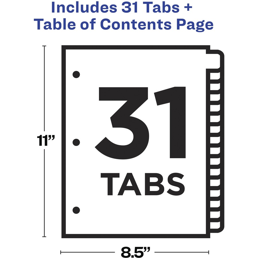 Avery® 1-31 Arched Tab Custom TOC Dividers Set - 31 x Divider(s) - 1-31 - 31 Tab(s)/Set - 8.50" Divider Width x 11" Divider Length - 3 Hole Punched - White Paper Divider - Multicolor Paper Tab(s) - 31 / Set = AVE11846