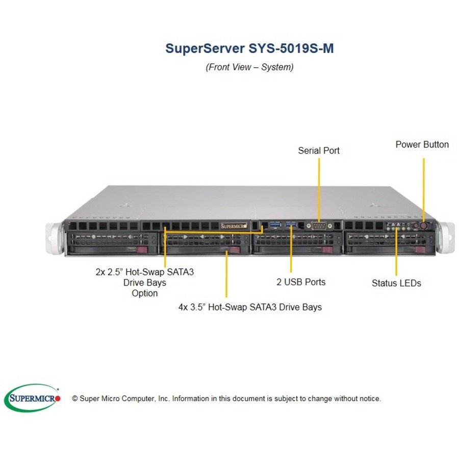 Supermicro SuperServer 5019S-M Barebone System - 1U Rack-mountable - Socket H4 LGA-1151 - 1 x Processor Support