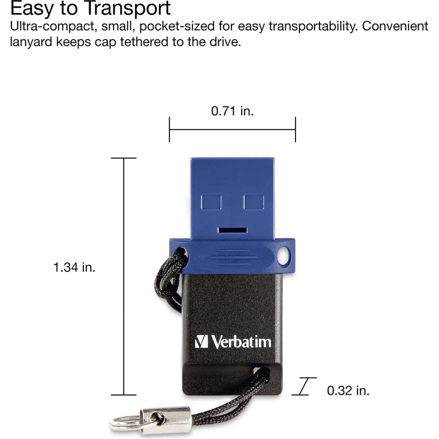 Verbatim USB-C Store 'n' Go Dual USB Flash Drive - 64 GB - USB Type C, USB 3.0 - Blue - Lifetime Warranty - 1 Each - TAA Compliant - USB Drives - VER99155