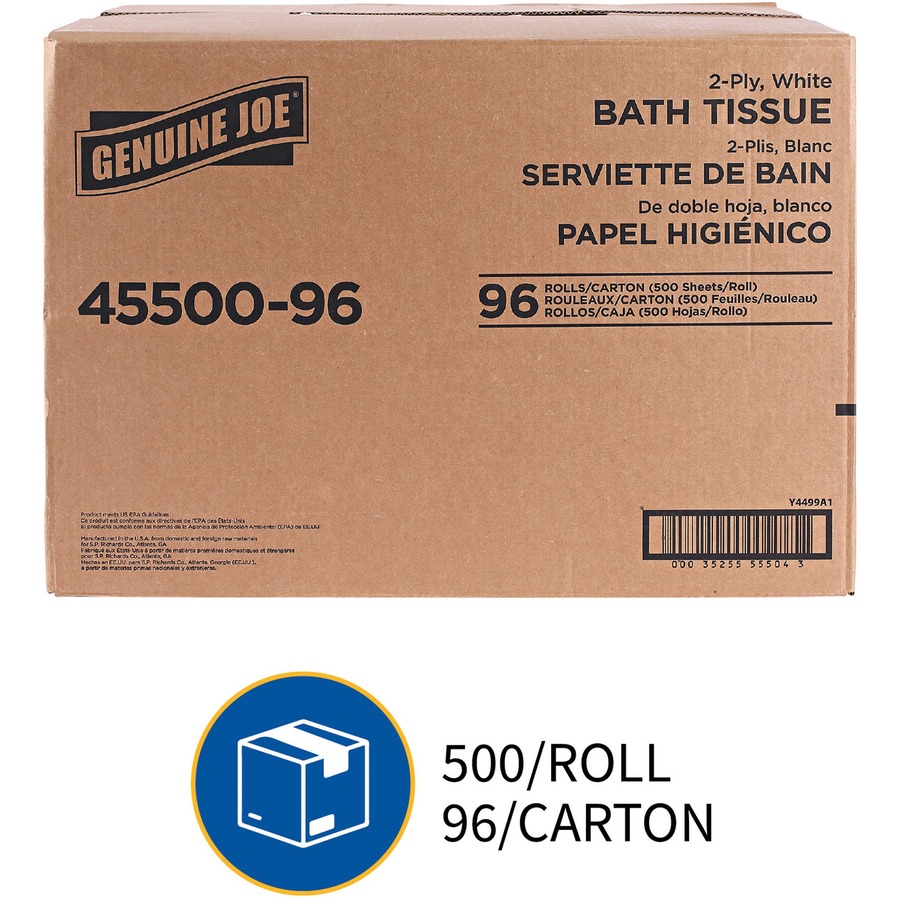 Genuine Joe 2-ply Bath Tissue - 2 Ply - 4.5" x 3" - 500 Sheets/Roll - White - Fiber - For Bathroom - 96 / Carton - Bathroom Tissues - GJO4550096