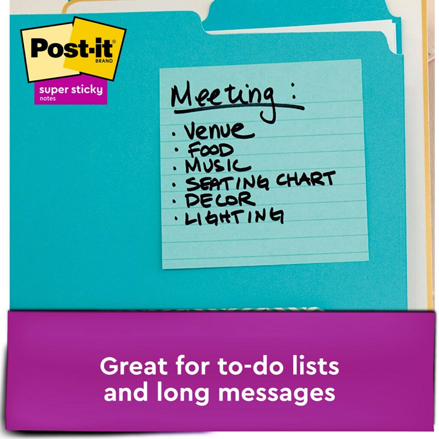 Post-it® Super Sticky Lined Notes - Supernova Neons Color Collection - 540 x Multicolor - 4" x 4" - Rectangle - 90 Sheets per Pad - Ruled - Aqua Splash, Acid Lime, Guava, Tropical Pink, Iris Infusion - Paper - Self-adhesive, Removable, Recyclable - 6 
