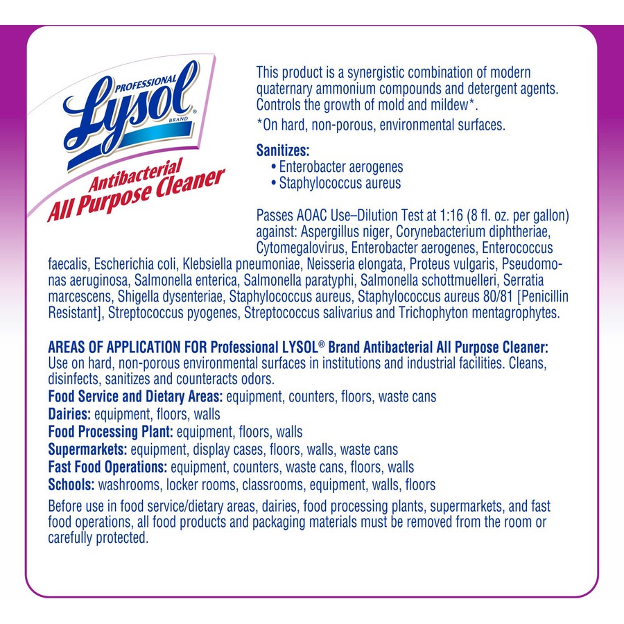 Professional Lysol Antibacterial All Purpose Cleaner - Concentrate - 128 fl oz (4 quart) - 4 / Carton - Heavy Duty, Anti-bacterial, Disinfectant - Clear/Fluorescent Green