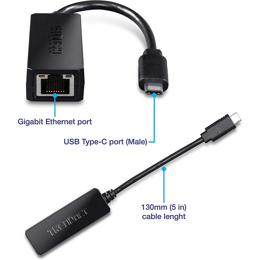 TRENDnet USB Type-C to Gigabit Ethernet LAN Wired Network Adapter for Windows & Mac; Compatible with Windows 10; and Mac OS X 10.6 and Above; Energy Saving; 5 inch length; TUC-ETG
