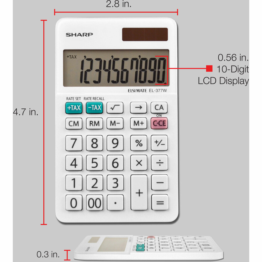 Sharp Calculators EL-377WB 10-Digit Professional Handheld Calculator - Sign Change, Auto Power Off - 10 Digits - LCD - 0.3" x 2.8" x 4.8" - White - Handheld - 1 Each = SHREL377WB