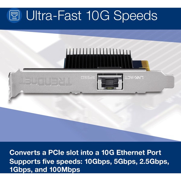 TRENDnet's 10 Gigabit PCIe Network Adapter, model TEG-10GECTX, converts a free PCI Express slot into a 10 Gigabit Ethernet port.