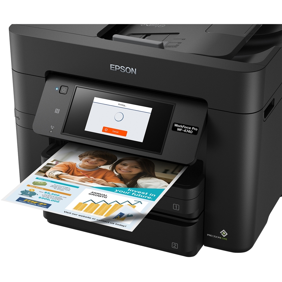 Epson WorkForce Pro WF-4740 Wireless Inkjet Multifunction Printer-Color-Copier/Fax/Scanner-4800x1200 Print-Automatic Duplex Print-30000 Pages Monthly-500 sheets Input-Color Scanner-1200 Optical Scan-Color Fax- Ethernet-Wireless LAN-Apple AirPrint