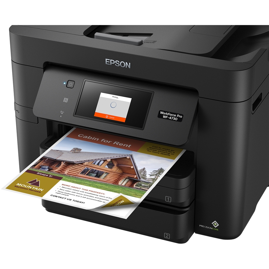 Epson WorkForce Pro WF-4730 Wireless Inkjet Multifunction Printer-Color-Copier/Fax/Scanner-4800x1200 Print-Automatic Duplex Print-30000 Pages Monthly-500 sheets Input-Color Scanner-1200 Optical Scan- Ethernet-Wireless LAN-Apple AirPrint