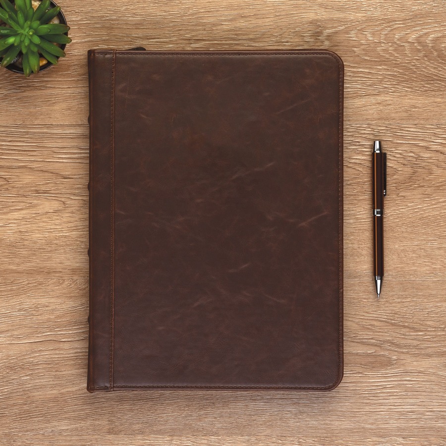 Samsill Letter Pad Folio - 8 1/2" x 11" - Faux Leather, Vinyl - Dark Brown - Zipper Closure, Notepad - 0% Recycled - 1 Each