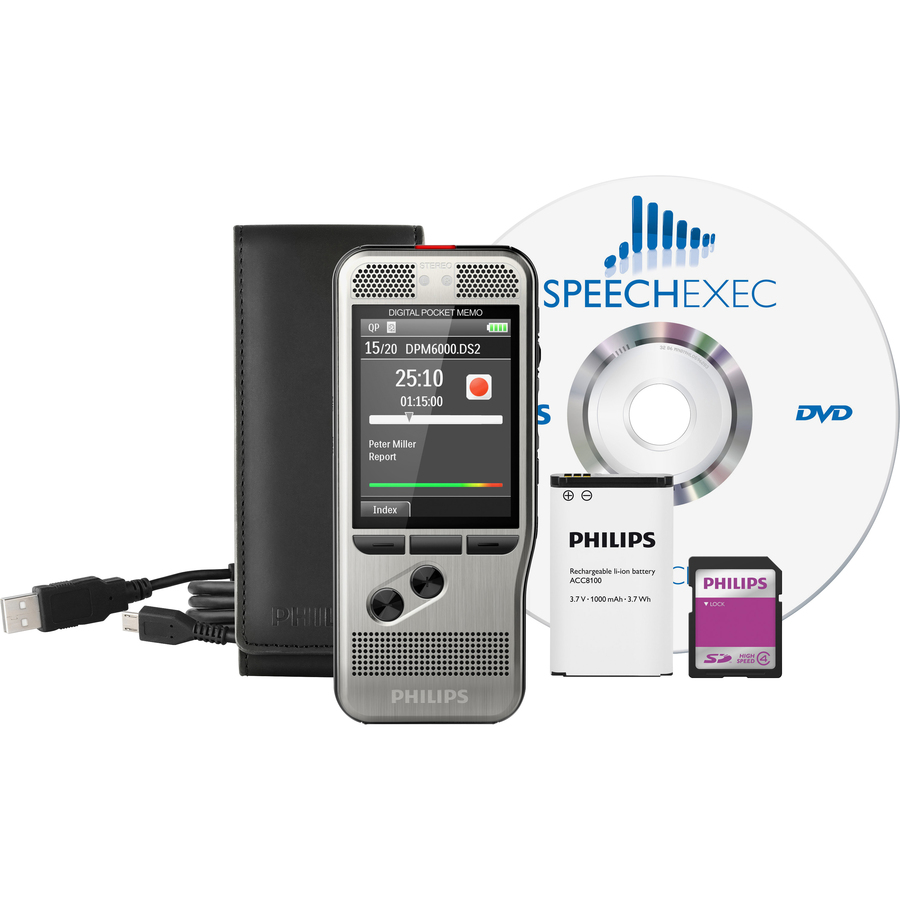 Philips Pocket Memo Voice Recorder (DPM6000/01) - SD, SDHC Supported - 2.4" LCD - MP3, DSS, WAV - Headphone - 700 HourspeaceRecording Time - Portable - Digital Recorders - PSPDPM600001