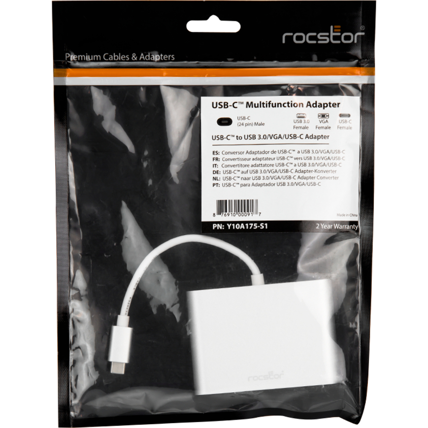 Rocstor Premium USB-C to VGA Multiport Adapter - USB-C to VGA/USB-C (3.1)/USB 3.0 for Audio/Video Device, Notebook, Monitor, Projector, MacBook, MacBook Pro, Chromebook, iMac, Mac mini - 8" - 1 x USB-C Male to 1 x VGA Female Digital Audio/Video - 1 x USB-C (3.1 Gen1 5Gbps), Female, 1 x USB 3.0 Type-A Female - Metal Silver - Mac & PC Compatible - USB-C TO VGA/USB 3.0/USB-C 3IN1 ADAPTER