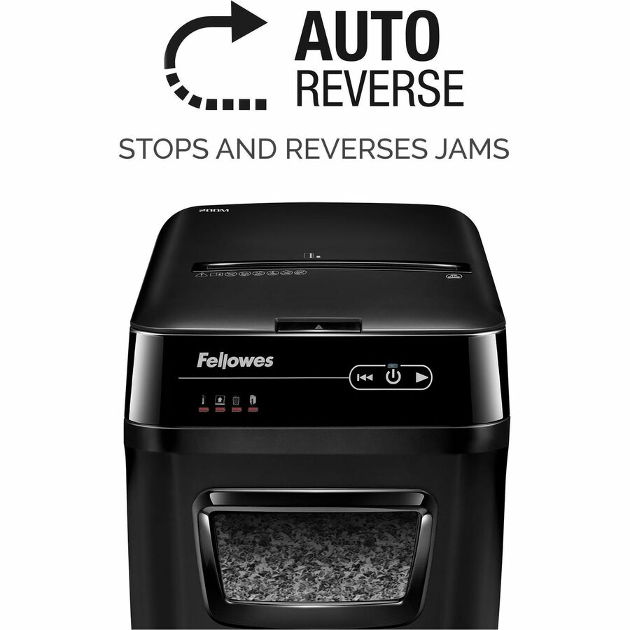 Fellowes AutoMax™ 200M Auto Feed Shredder - Non-continuous Shredder - Micro Cut - 200 Per Pass - for shredding Staples, Credit Card, Paper - 0.1" x 0.5" Shred Size - P-5 - 3.35 m/min - 9" Throat - 12 Minute Run Time - 32.18 L Wastebin Capacity - Bla - Micro-Cut Shredders - FEL4656201