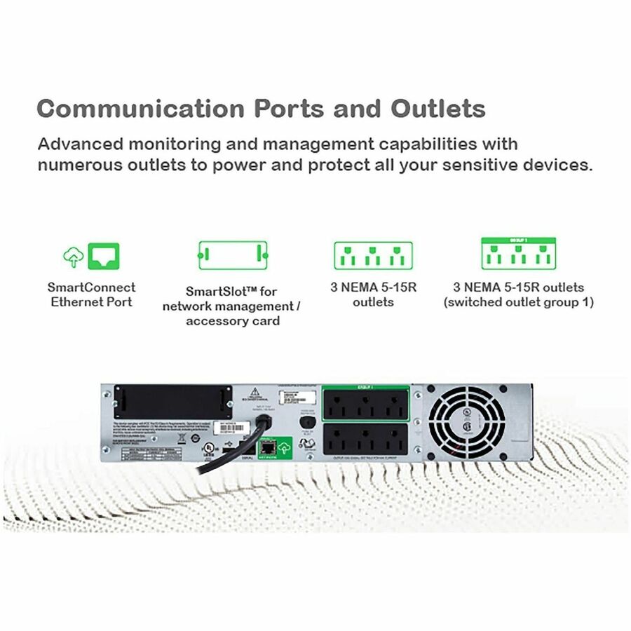 APC Smart-UPS, Line Interactive, 1000VA, Rackmount 2U, 120V, 6x NEMA 5-15R outlets, SmartConnect Port+SmartSlot, AVR, LCD