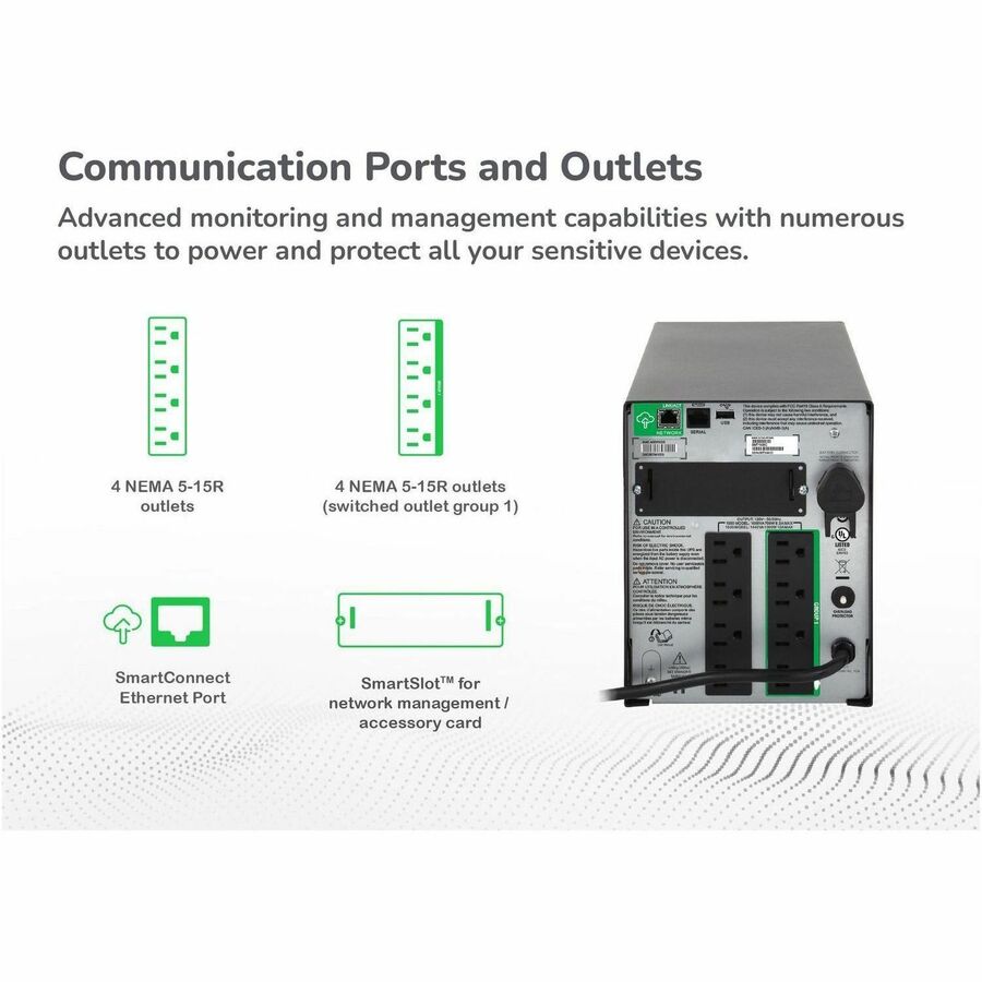 APC Smart-UPS, Line Interactive, 1000VA, Tower, 120V, 8x NEMA 5-15R outlets, SmartConnect Port+SmartSlot, AVR, LCD