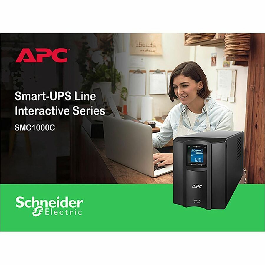 APC Smart-UPS C, Line Interactive, 1000VA, Tower, 120V, 8x NEMA 5-15R outlets, SmartConnect port, USB and Serial communication, AVR, Graphic LCD
