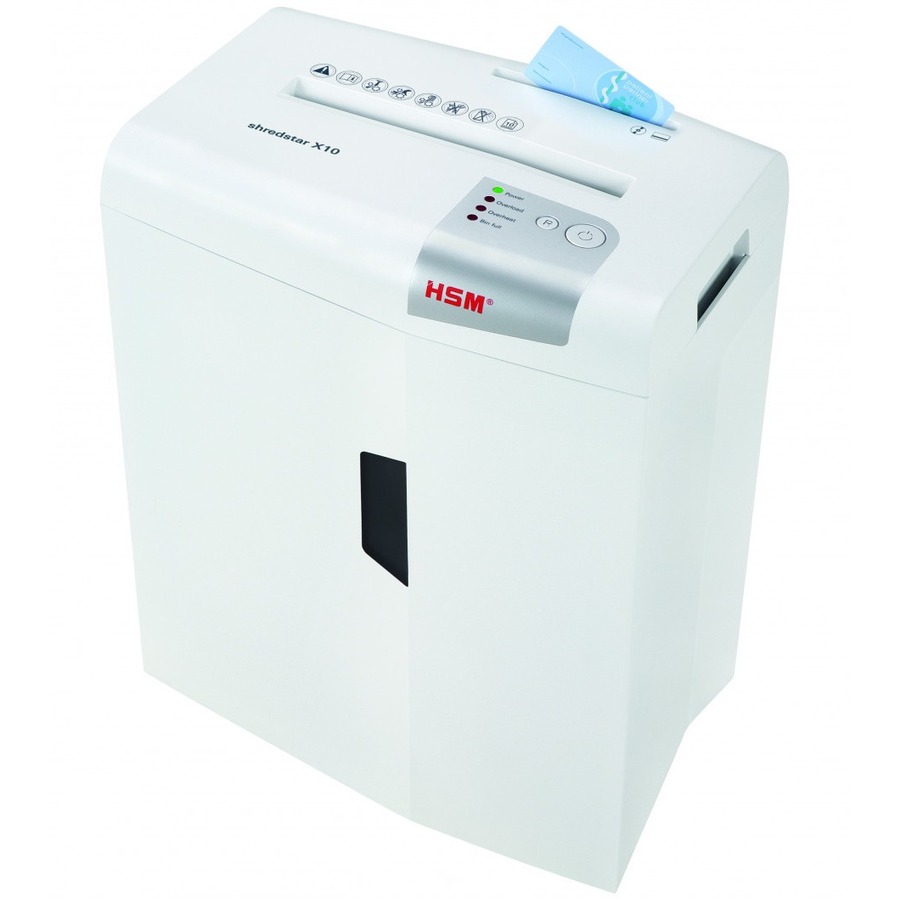 HSM shredstar X10 - 3/16" x 1 1/8" + Sep. CD Cutting Unit - Particle Cut - 10 Per Pass - for shredding CD, DVD, Paper, Staples, Paper Clip, Credit Card - 0.188" x 1.125" Shred Size - P-4/O-1/T-2/E-2/F-1 - 8.66" Throat - 5.30 gal Wastebin Capacity - White