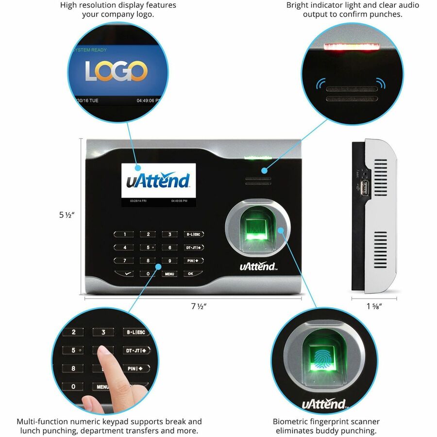 uAttend BN6500 Time Clock - Biometric - 2000 Employees - WiFi - Bi-weekly, Week, Semi-monthly, Month Record Time