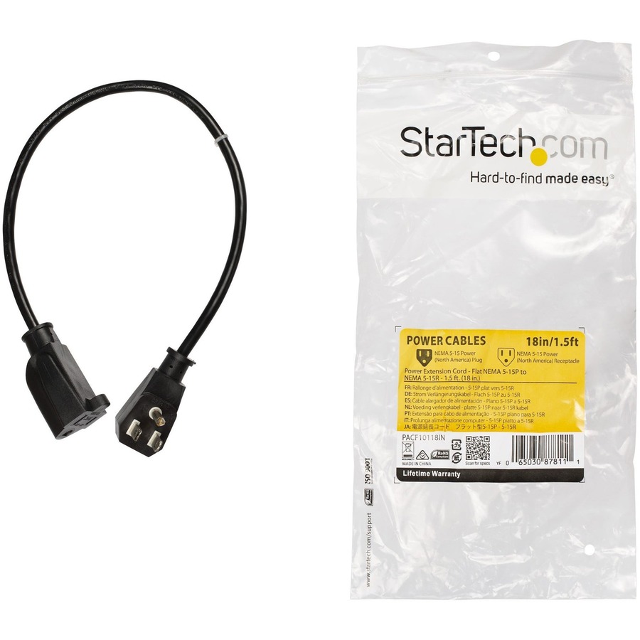 StarTech.com 10ft (3m) Power Extension Cord, NEMA 5-15R to NEMA 5-15P Black  Extension Cord, 13A 125V, 16AWG, Outlet Extension Power Cable, NEMA 5-15R