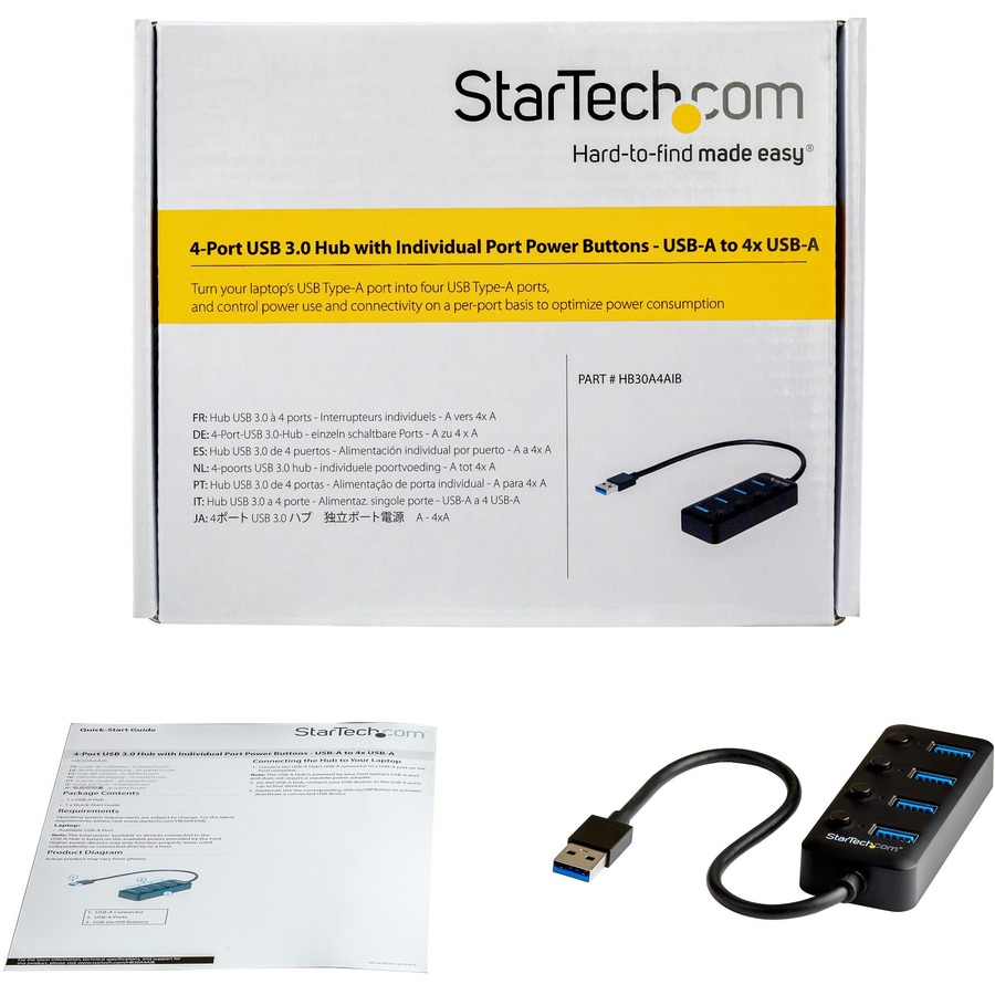 StarTech 4 Port USB 3.0 Hub - USB Type-A to 4x USB-A with Individual On/Off Port Switches - SuperSpeed 5Gbps USB 3.2 Gen 1 - Bus Power