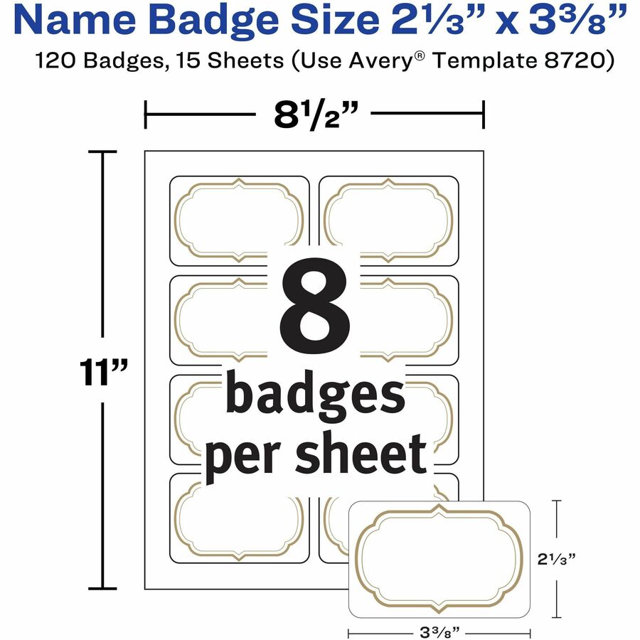 Avery Self-Adhesive Removable Name Tag Labels with Gold Metallic Border - 120 / Pack - 2.33" Holding Width x 3.38" Holding Height - Rectangular Shape - Flexible, Self-adhesive, Removable, Printable, PVC-free - Meeting - White, White, Gold