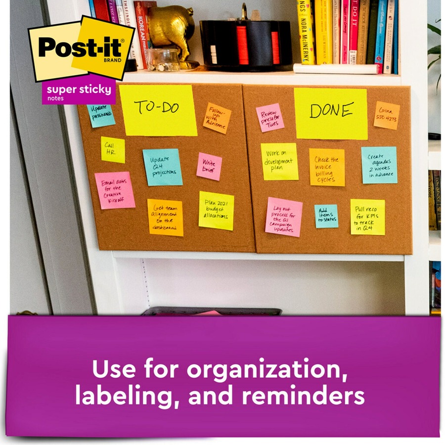 Post-it® Super Sticky Notes - Energy Boost Color Collection - 3" x 3" , 4" x 6" - Square, Rectangle - 90 Sheets per Pad - Vital Orange, Tropical Pink, Limeade - Paper - Sticky, Recyclable - 9 / Pack