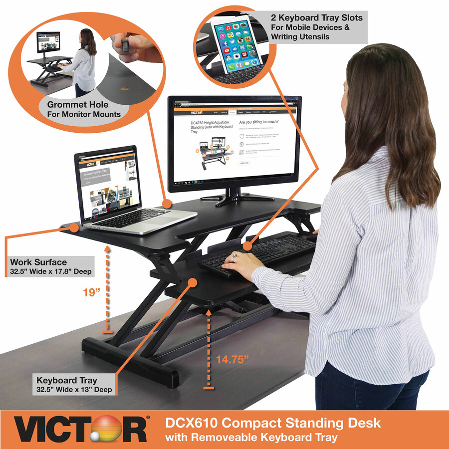 Victor High Rise Height Adjustable Compact Standing Desk with Keyboard Tray - 19" (482.60 mm) Height x 32.50" (825.50 mm) Width x 18" (457.20 mm) Depth - Desktop - Wood, Laminate, Steel - Gray, Black - Desktop Risers - VCTDCX610