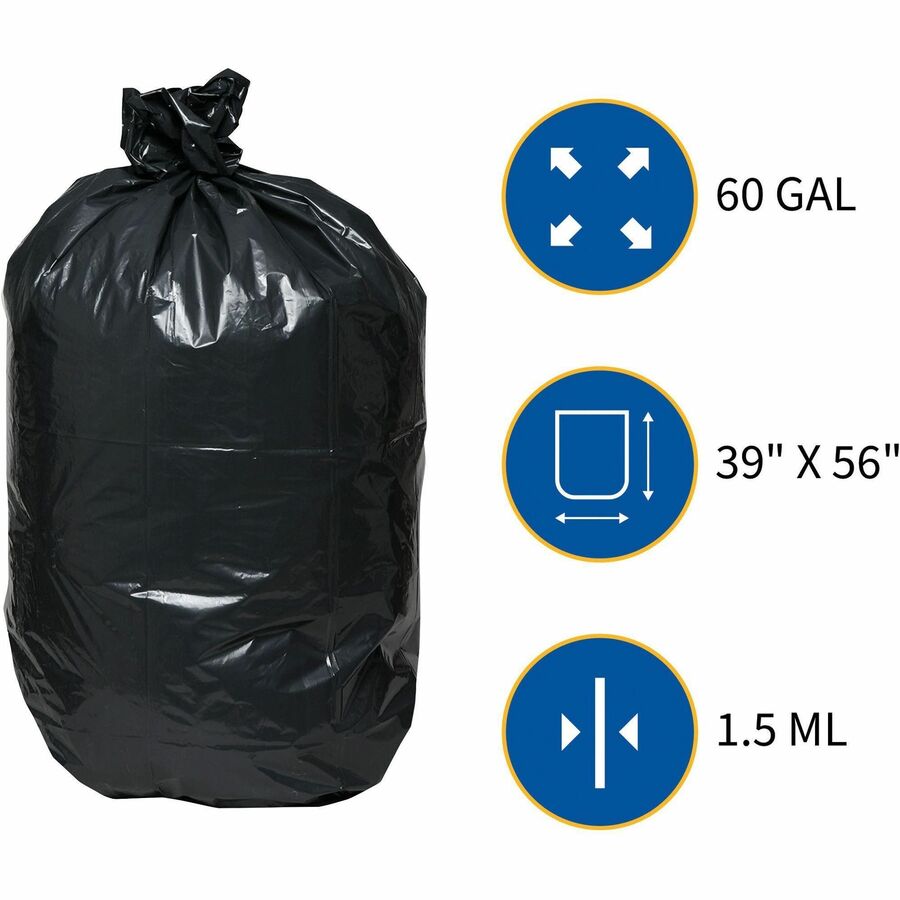Genuine Joe Heavy-Duty Trash Can Liners - 60 gal Capacity - 39" Width x 56" Length - 1.50 mil (38 Micron) Thickness - Low Density - Black - Plastic Resin - 96/Pallet - 50 Per Box - Waste, Debris, Can