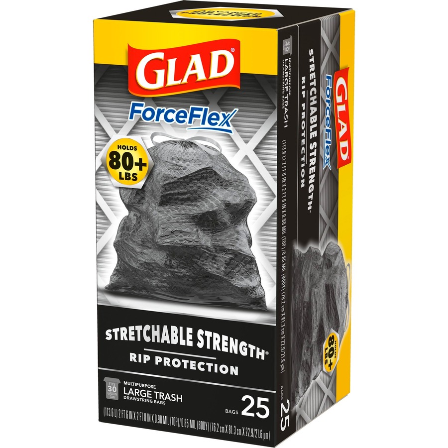 Glad ForceFlexPlus Large Drawstring Trash Bags - Large Size - 30 gal  Capacity - Black - 156/Bundle - 25 Per Box - Home, Office, Can - ACT  Supplies