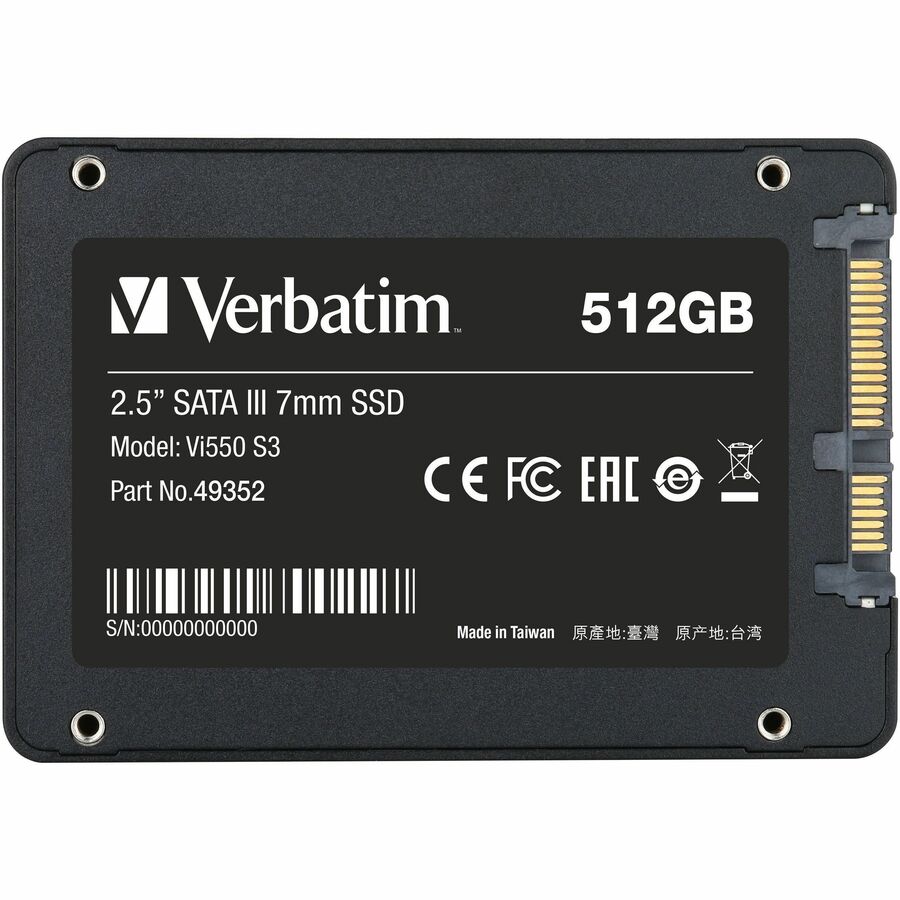 Verbatim Vi550 S3 512 GB Solid State Drive - 2.5" Internal - SATA (SATA/600) - 360 TB TBW - 560 MB/s Maximum Read Transfer Rate - 3 Year Warranty - 1 Pack - Hard Drives - VER49352