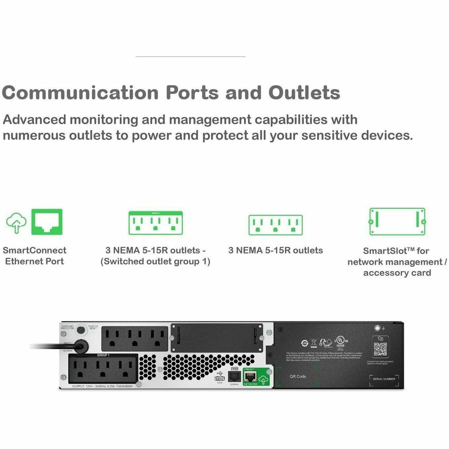 APC Smart-UPS, Line Interactive, 750VA, Lithium-ion, Rackmount 2U, 120V, 6x NEMA 5-15R outlets, SmartConnect Port+SmartSlot, Short Depth, AVR, LCD