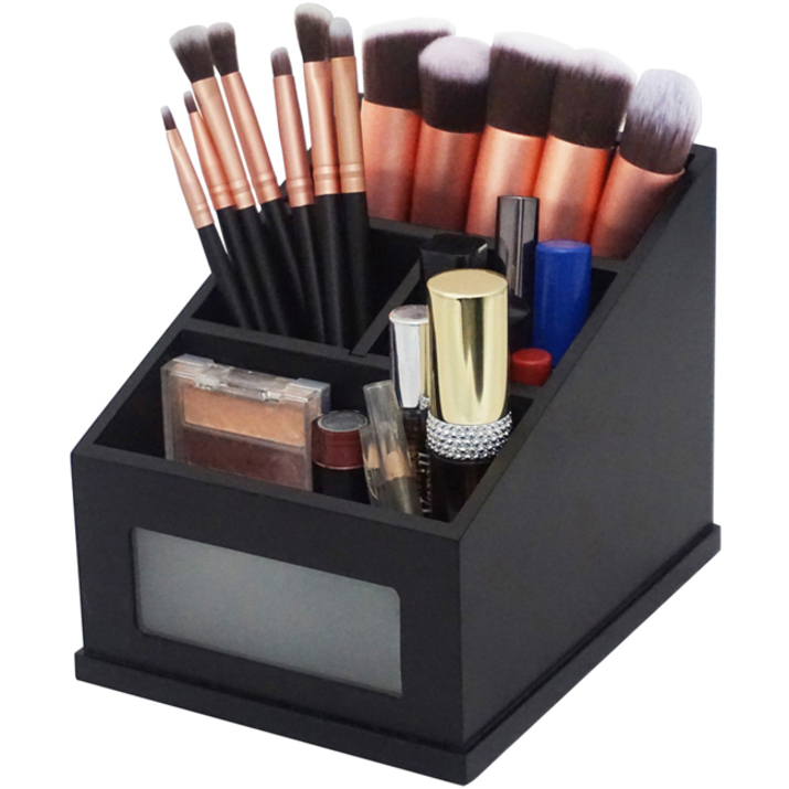 Victor Midnight Black Multi-Use Storage Caddy with Adjustable Compartment - 4 Compartment(s) - 6.50" - 4.9" Height x 4.6" Width%Desktop - Non-slip Feet - Black - Rubber, Frosted Glass, Wood - 1 Each